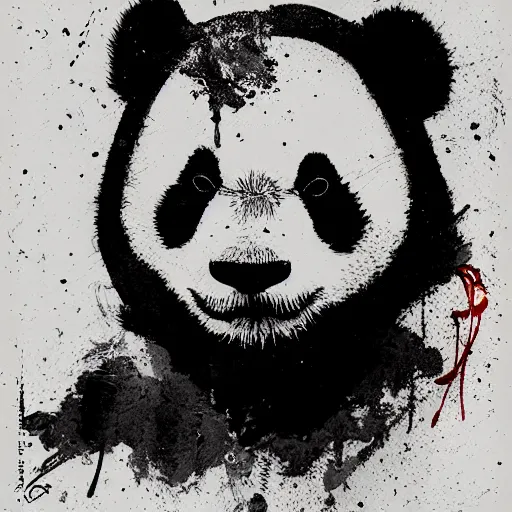 Image similar to portrait of a panda in the style of yoji shinkawa and ashley wood, splatters, halftone textures, detailed