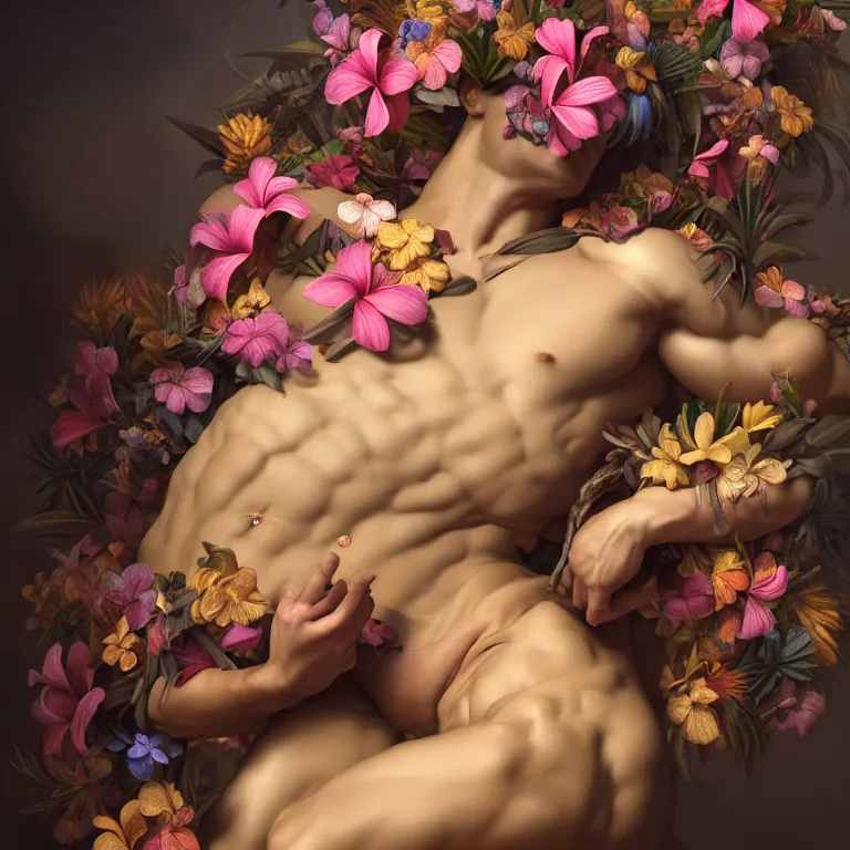 Image similar to still life of human muscular body covered with tropical flowers, wide shot, soft glow bloom lucid dream - like ethereal atmosphere, baroque portrait painting, perfect composition, beautiful intricate detailed octane render trending on artstation, 8 k artistic photography, volumetric cinematic perfect light, chiaroscuro, masterpiece, raphael, caravaggio, rutkowski, beeple, beksinski