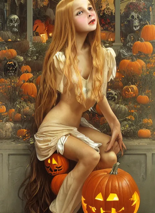 Image similar to a happy little girl with long straight golden blonde hair sitting amidst halloween decor, skulls and pumpkins. beautiful highly detailed face, beautiful painting by artgerm and greg rutkowski and alphonse mucha