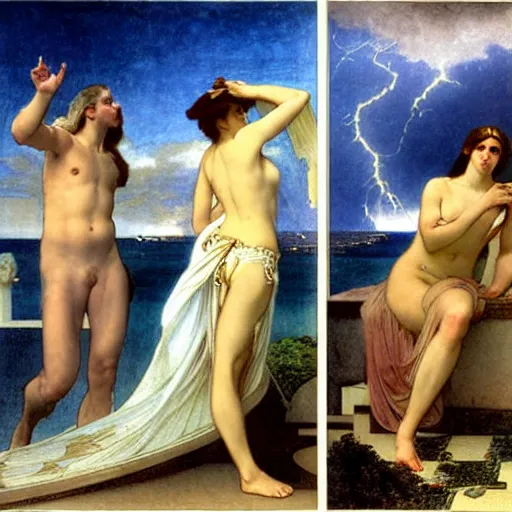 Image similar to Balustrade party, thunderstorm, greek pool, beach and palm trees on the background major arcana sky, by paul delaroche, alphonse mucha and arnold böcklin arnold böcklin hyperrealistic 8k, very detailed