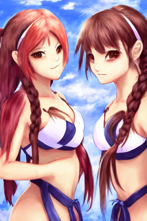 Image similar to two beautiful female fighters with pigtails facing each other, detailed anime art