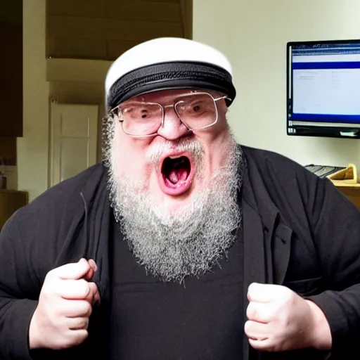 Prompt: george rr martin screaming at computer