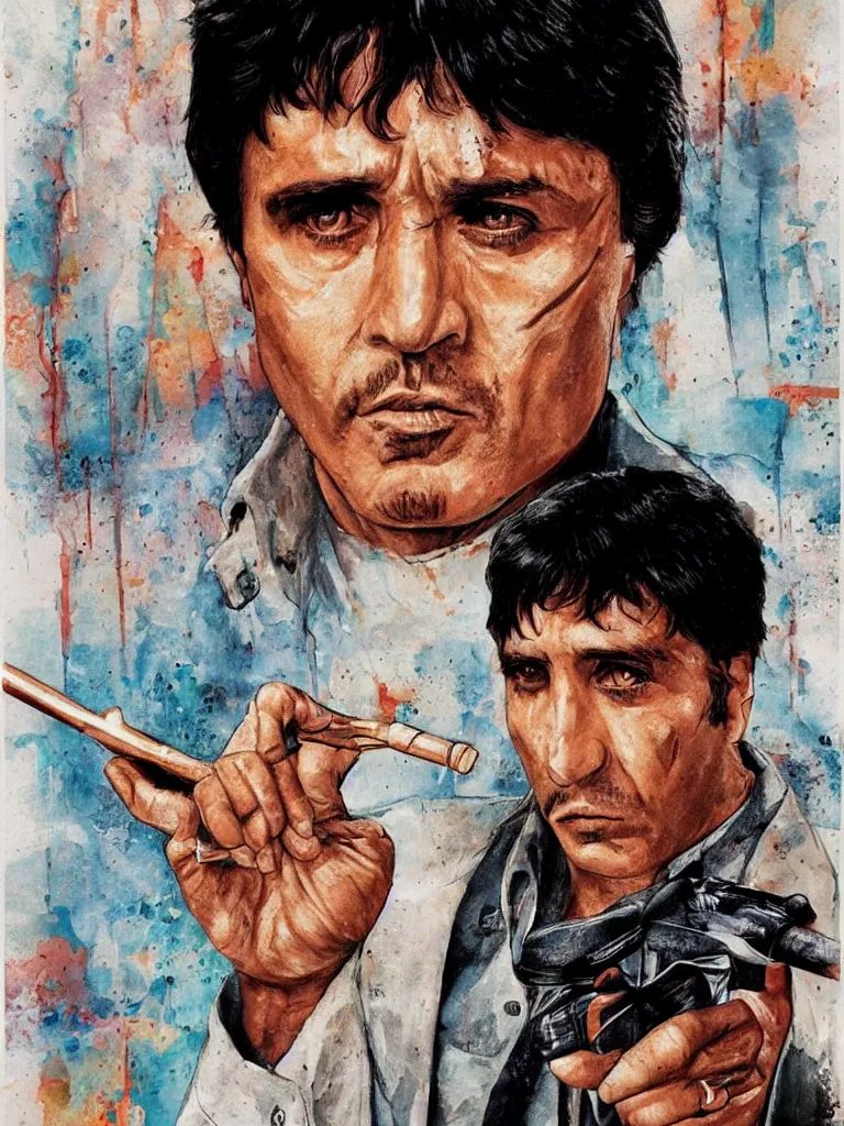 Image similar to medium shot. cogerent eyes. detailed face. tony montana from movie scarface. poster colors