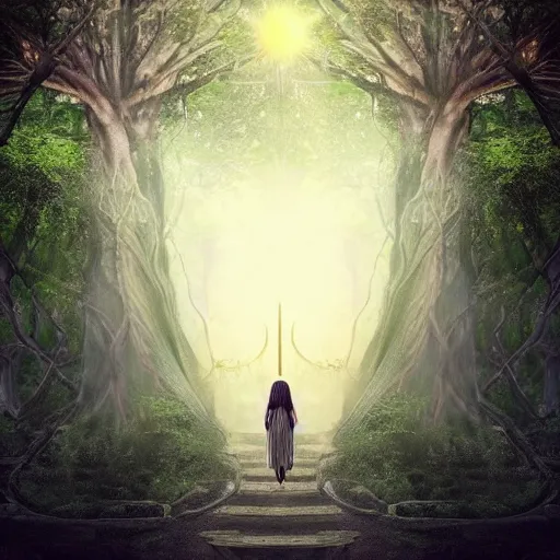 Prompt: a goddess of beauty walking towards a ravenous, ominous portal to hades embedded in a creepy tree in a densely overgrown, magical jungle, fantasy, dreamlike sunraise, stopped in time, dreamlike light incidence, ultra realistic