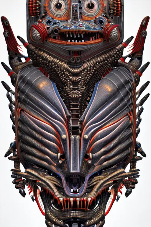 Image similar to a centered uncut fullbody frontview portrait of a robotic predator headed biomechanical creature by clogtwo and subjekt zero feat paul lewin and ø - cult. intricate detailed sharp clean textured very ornated. indian style tapestry design. hd. 4 k. lowbrow color palette