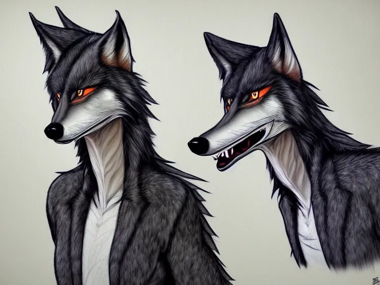 Image similar to expressive stylized master furry artist digital colored pencil painting full body portrait character study of the sergal wolf fursona animal person wearing clothes by master furry artist blotch