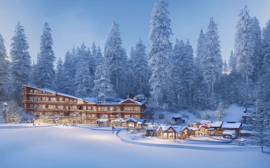 Image similar to finnish ski resort architectural visualization, hotel, winter scene, cozy, corona render, rendered in vray, evening light, lakeside, dof, mountainous landscape, pine forest, evermotion, ronen bekerman, contest winner, archviz, peter guthrie, ultradetailed, photorealistic, photoreal, box visuals