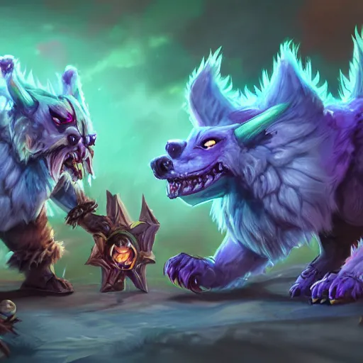 Image similar to cute fluffy animal creatures. blizzard warcraft animal creatures, graveyard background, bright art masterpiece artstation. 8k, sharp high quality illustration in style of Jose Daniel Cabrera Pena and Leonid Kozienko, violet skeleton theme, concept art by Tooth Wu, hearthstone card game artwork