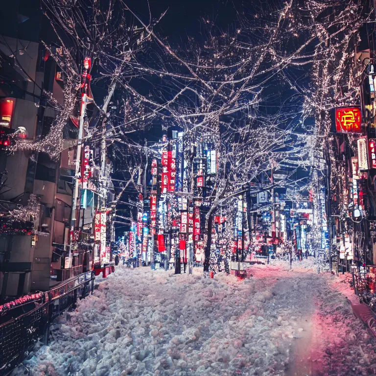 Image similar to photo of tokyo with many lights and lens flares, snowy winter christmas night