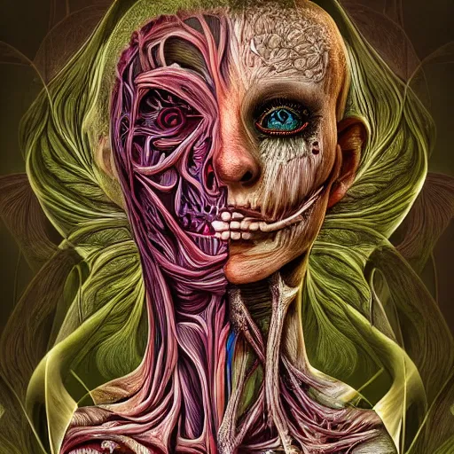 Image similar to a beautiful detailed photo of a two sides rotten woman corpse morphing into fractal plants and fractal flowers and mushrooms, muscles, veins, anatomical, intricate, ornate, volumetric light, beautiful lit, romero ressendi