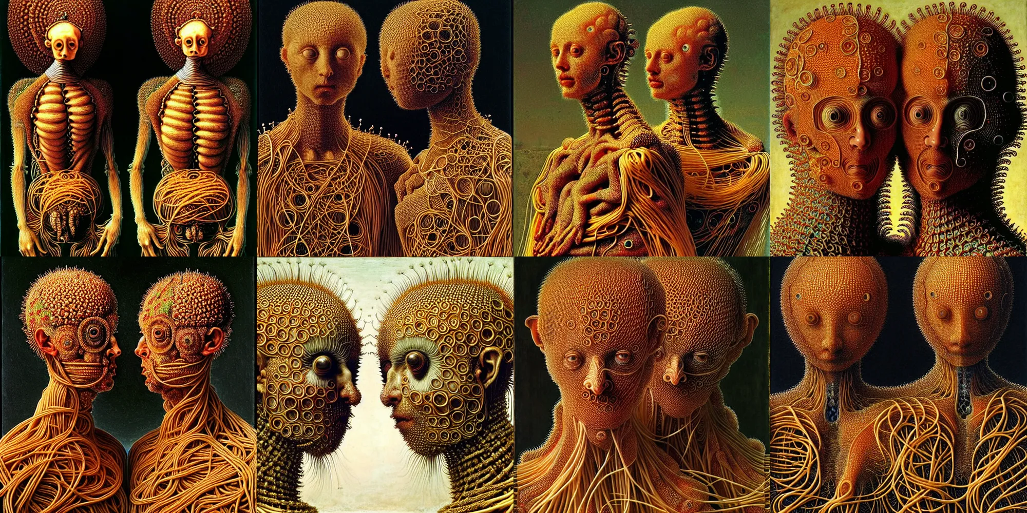Prompt: siamese twins made of spaghetti, intricate armor made of fractals of spagetthi, highly detailed, by giuseppe arcimboldo and ambrosius benson, renaissance, a touch of beksinski, realistic, high definition