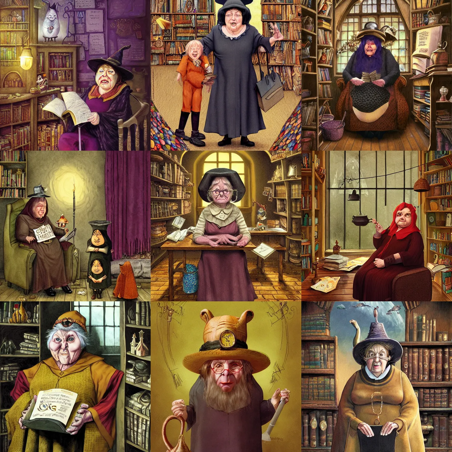 Prompt: Nanny Ogg as a motherly professor in Hogwarts School of Witchcraft and Wizardry, detailed, hyperrealistic, colorful, cinematic lighting, digital art by Paul Kidby and Jim Kay
