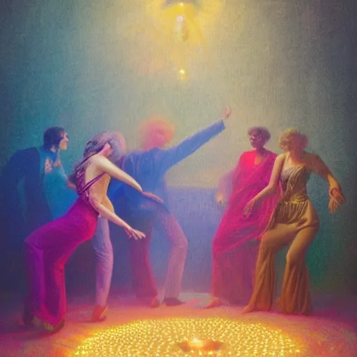 Image similar to young people in a fancy vintage nightclub dancing and drinking, partylights, great colors, by agostino arrivabene, trending on artstation