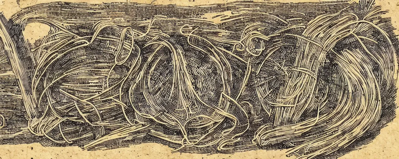 Prompt: ancient book with images of spaghetti, in the style of the book of the dead, fine detail,