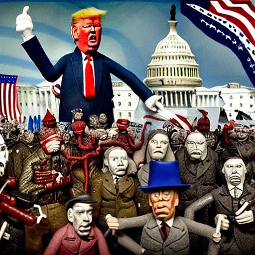 Prompt: january 6 insurrection by otto dix, claymation, trump supporters attack us capitol, hyperrealistic, aesthetic, masterpiece