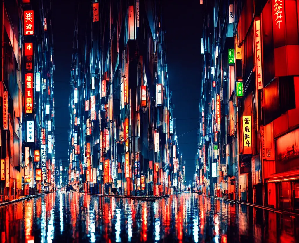 Image similar to beautiful!!! overwhelming!!!!! studio photograph of japan at night, raining, long reflective street, beautiful tall luxurious neon buildings with advertisements, cars and crowd, traffic lights, dense intense atmosphere!!! stunning composition, moon rays, beautiful calming atmosphere, studio level quality, photography, hyperdetailed