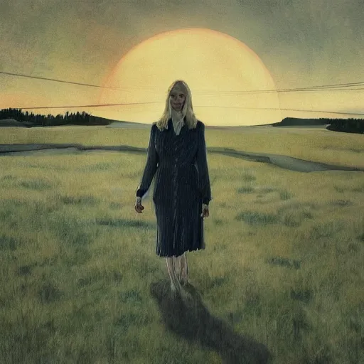 Prompt: Elle Fanning in the painted world of True Detective, head and shoulders masterpiece, apocalypse, golden hour, cosmic horror, artstation, in the style of Andrew Wyeth and Edward Hopper and Bosch, extremely detailed