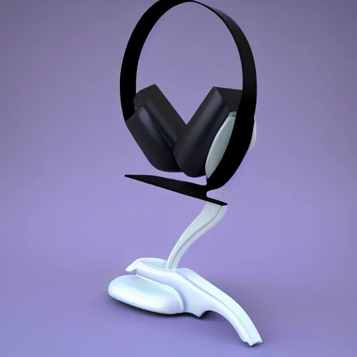 Image similar to product still of headphone stand, futuristic, techno, cyberpunk, product design, 3 d render, 3 d concept, fun, swag