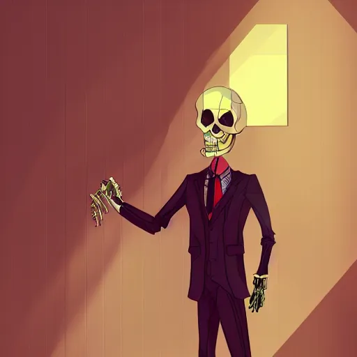 Prompt: an skeleton businessman posing for the camera, angled shot, sharp lines, close up digital, artstation, colored in