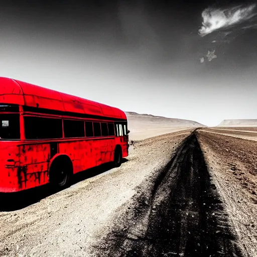Image similar to photo of a red bus in desert, mad max fury road style