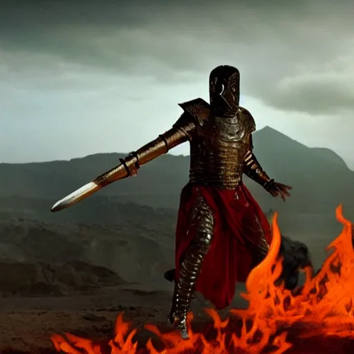 Image similar to cinematic still of ghostly man in ancient Canaanite armor and a flaming sword, paradise in the background, Biblical epic directed by Peter Jackson