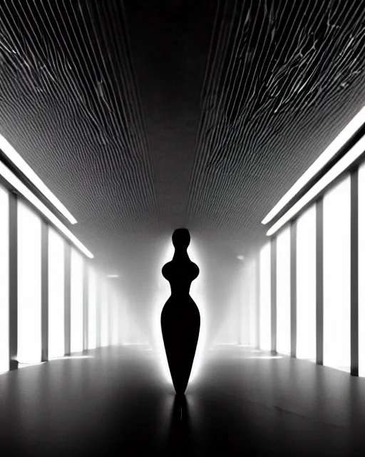 Image similar to black and white high quality photo of a female AI-queen-dragon-meshes-cyborg looking into a sci-fi mirror, volumetric lighting, brutalism, foggy, dreamy, hyperdetailed, bokeh, photorealistic, cinematic, masterpiece, elegant, dark, in the style of Horst P. Horst, octane render, 8K,