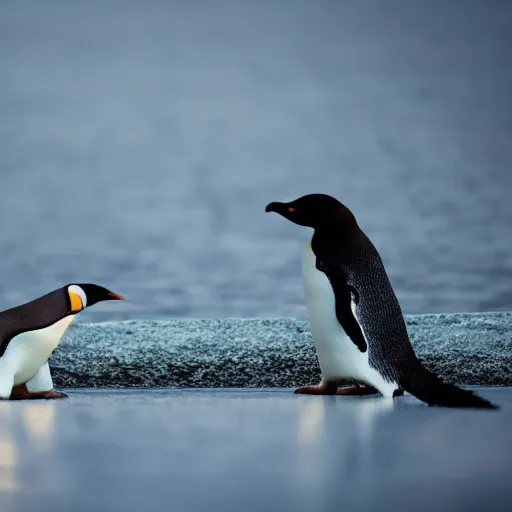 Image similar to close-up photo of a 2 penguins sitting together watching city lights shallow depth of field, photorealistic, cinematic lighting, warm colours, dusk