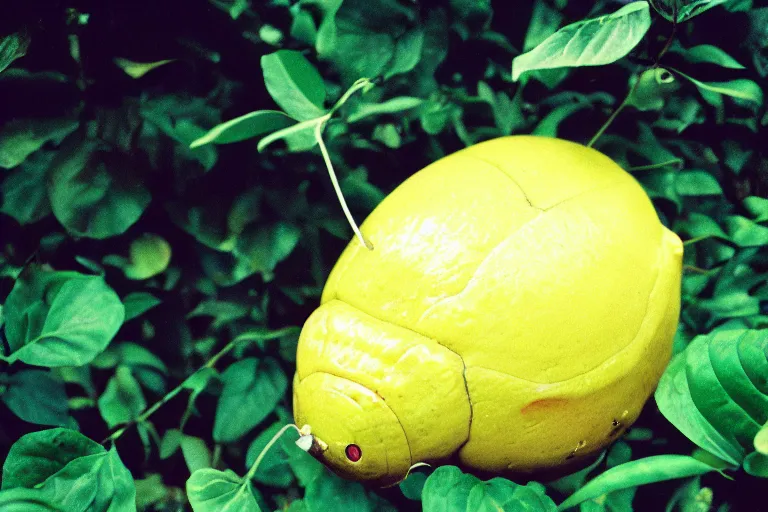 Prompt: a photo of a giant mutant dungbeetle lemon in its natural habitat, kodak ektachrome e 1 0 0 photography