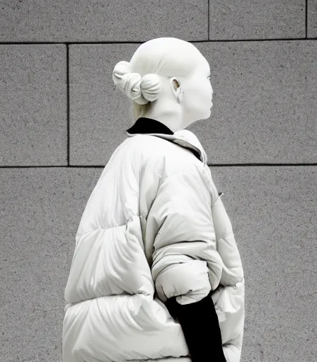 Image similar to well lit fashion shoot portrait of extremely beautiful female marble statue wearing huge over size puffer jacket by dingyun zhang, yeezy, balenciaga, vetements, a cold wall, sharp focus, clear, detailed,, cinematic, detailed, off white, glamourous, symmetrical, vogue, editorial, fashion, magazine shoot, glossy