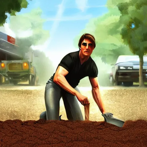 Image similar to tom cruise planting fries in the ground, digital art, highly - detailed, artstation cgsociety masterpiece