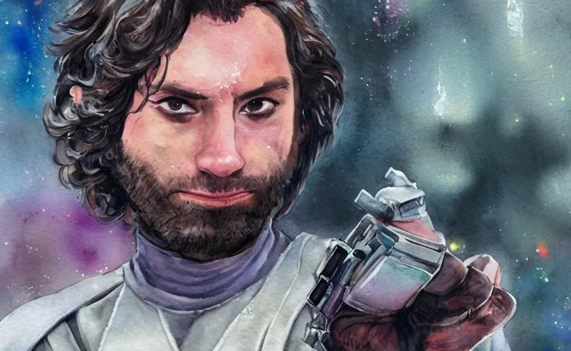 Prompt: a realistic star wars watercolor fantasy concept cart of chris d'elia as a drug dealer in a sleazy futuristic city of coruscant, hq, 4 k