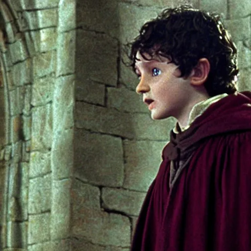 Prompt: still of frodo baggins looking up wearing the sorting hat, in harry potter and the philosopher's stone ( 2 0 0 1 )