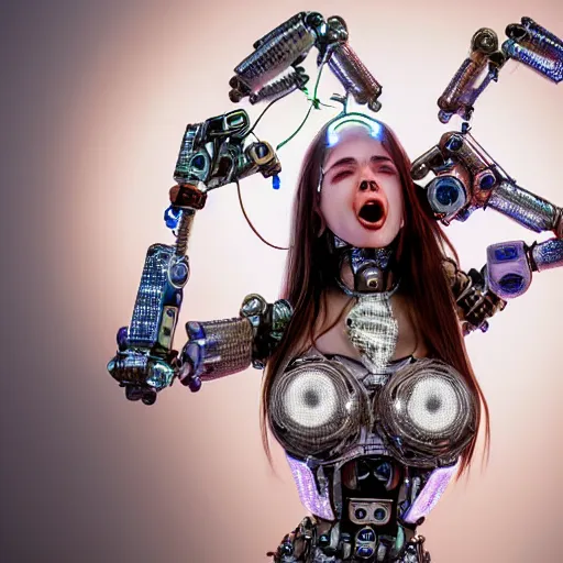Image similar to beautiful centered Fine art photo portrait of screaming Allison Parker as a solarpunk robotic humanoid, white mechanical parts with led lights, photorealistic, white background, highly detailed and intricate, sunset lighting, HDR 8k