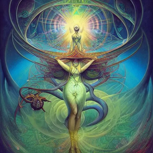 Prompt: psychedelic dmt artwork of esao andrews, frank peter mohrbacher, energy body, sacred geometry, esoteric art, divinity, detailed, tarot art