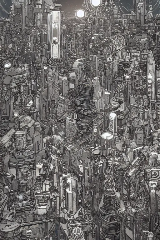 Image similar to gold and silver tones, cybernetic village on the outskirts of the universe, style of moebius, james jean, mcbess, cinematic, low detail, award winning, 8 k photorealistic