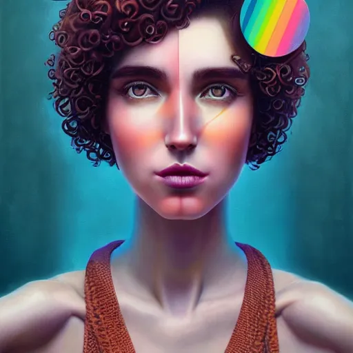 Image similar to Lofi vaporwave portrait beautiful woman with short brown curly hair, romanesque, rainbow, Pixar style, Tristan Eaton, Stanley Artgerm, Tom Bagshaw