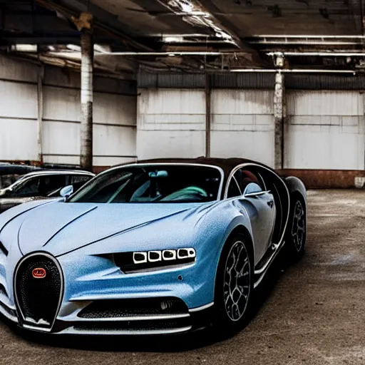 Image similar to an abandoned, derelict, ( really rusty ) bugatti chiron in a dirty warehouse