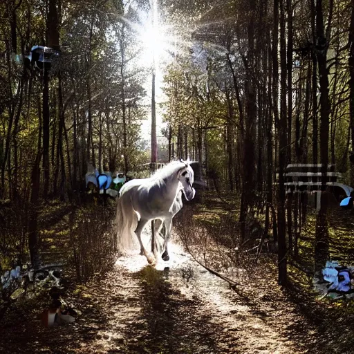 Prompt: An English knight in shining armor is riding a white horse along a path through a forest. It's noon. The sun shines brightly through the trees.