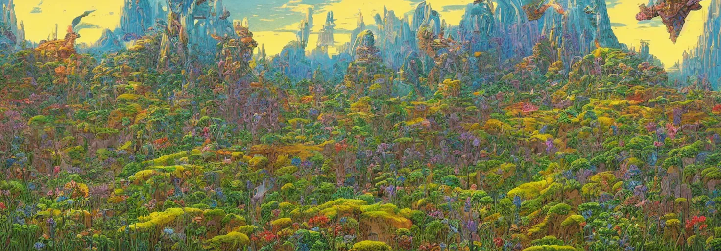 Image similar to beautiful landscape mural of the lush meadow of monoliths, vivid colors, intricate, highly detailed, masterful, fantasy world, sci fi world, in the style of moebius, akira toriyama, jean giraud