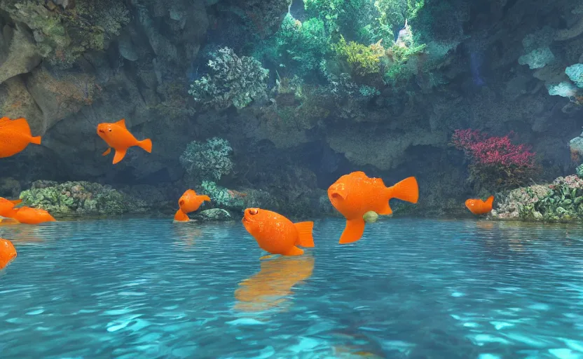 Image similar to a cave lake with some orange fish swimming inside, studio ghibli, pixar style, octane render, unreal engine 5, path traced, highly detailed, high quality, 8 k, soft lighting, godrays, complementary colors, natural lighting, water parallax, serene landscape, beautiful, elegant, digital painting