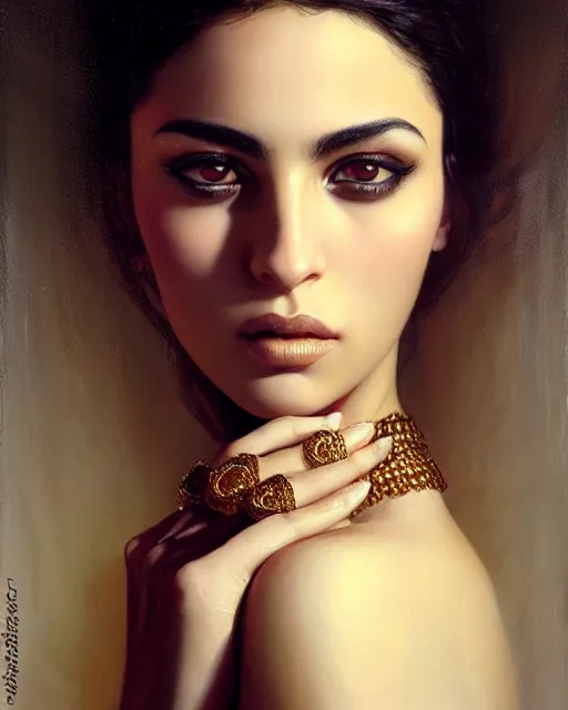 Image similar to a highly realistic, true to life portrait of a beautiful young middle eastern girl, sharp focus, from the waist up, under studio lighting, taken with a canon eos camera with 1 3 5 mm focal length, art by karol bak, james jean, tom bagshaw, trending on artstation,