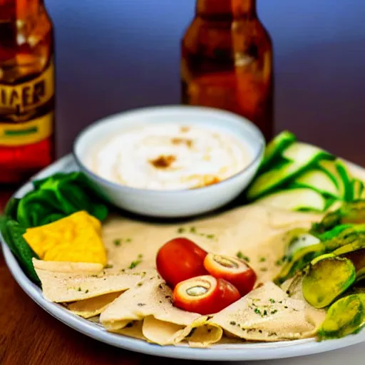 Prompt: a hummus plate with a beer bottle, food photography