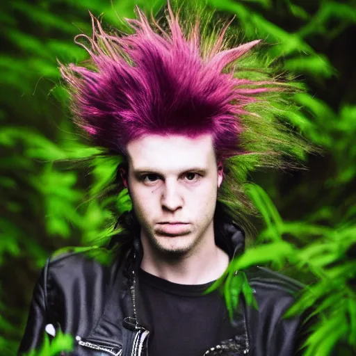 Image similar to Punk rocker with spike hair in a green boreal forest