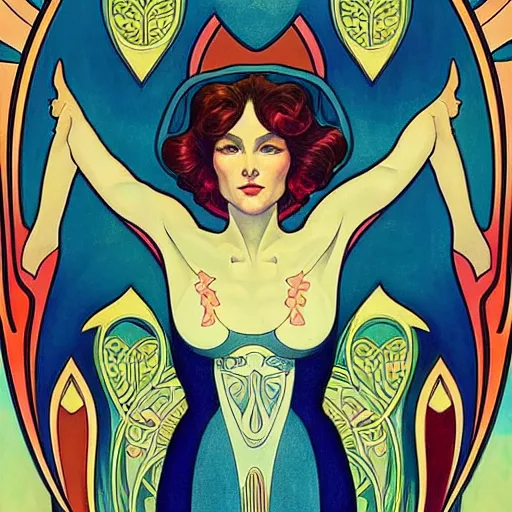 Prompt: a streamline moderne painting in the style of donato giancola, and in the style of audrey kawasaki, and in the style of alphonse mucha. symmetry, smooth, sharp focus, semi - realism, intricate detail.