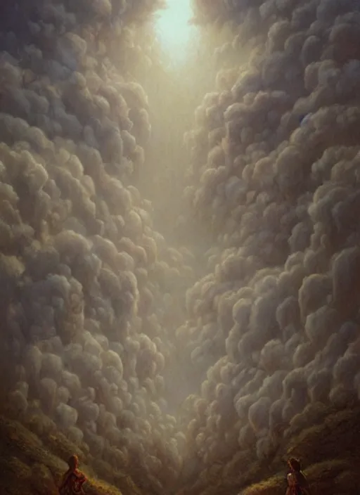 Image similar to faces of old indigenous people embedded made of clouds in the sky, art by christophe vacher