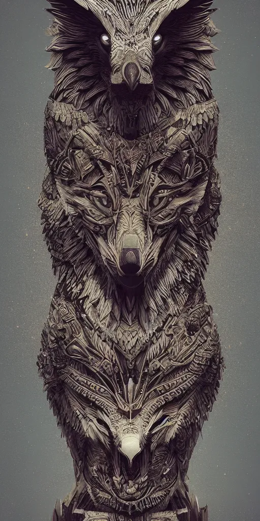 Image similar to A totem with an eagle an wolf by beeple, coherent symmetrical intricate artwork, high detail, digital painting, hyper realism, octane render, 4k, trending on artstation