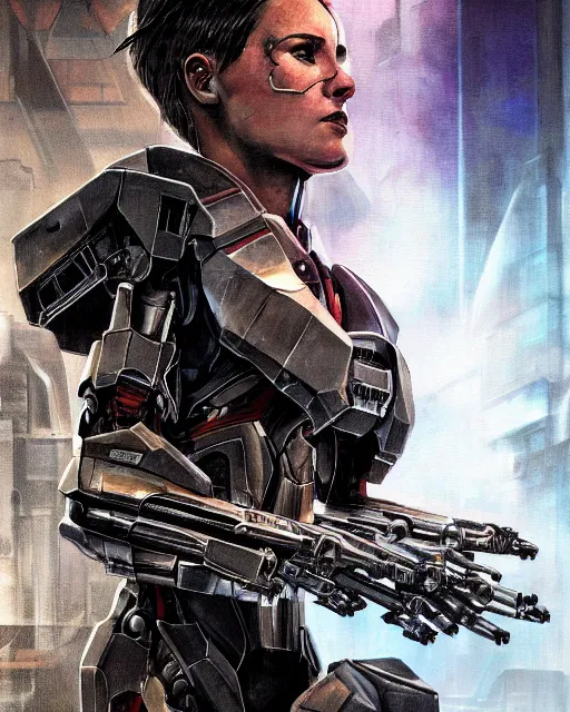 Prompt: a closeup portrait of the terminator in a massive mass effect halo robot factory, concept art cyperpunk video game poster design with intricate details :: magic the gathering, blizzard concept artist, Sandra Chevrier and bastien lecouffe deharme