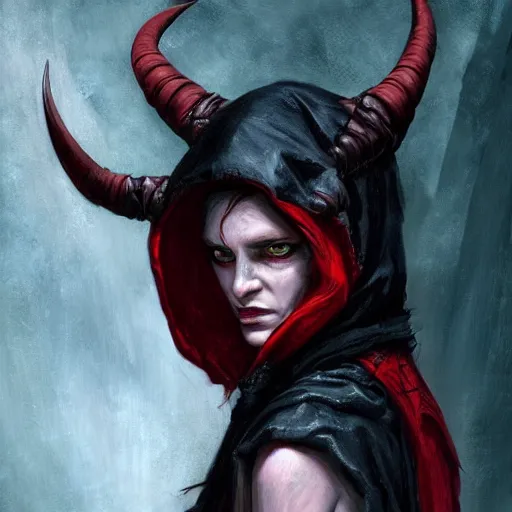 Image similar to masterpiece portrait of a surly and resentful female tiefling thief with red red red red red skin pure black eyes and sclera and horns wearing a black hooded cloak and a thief's leather garb, by Greg Rutkowski, as seen on ArtStation, 4k, dungeons and dragons, very aesthetic, very detailed, intricate, unreal, fantasy, dramatic, painterly, artstation, sharp focus, smooth