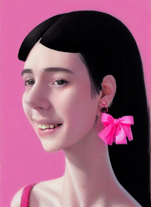 Image similar to portrait of teenage girl, realistic, black hair, bangs, half updo hairstyle, pointy nose, skinny, smile, ugly, defined jawline, big chin, pink hair bow, earrings, intricate, elegant, glowing lights, highly detailed, digital painting, artstation, sharp focus, illustration, art by wlop, mars ravelo and greg rutkowski