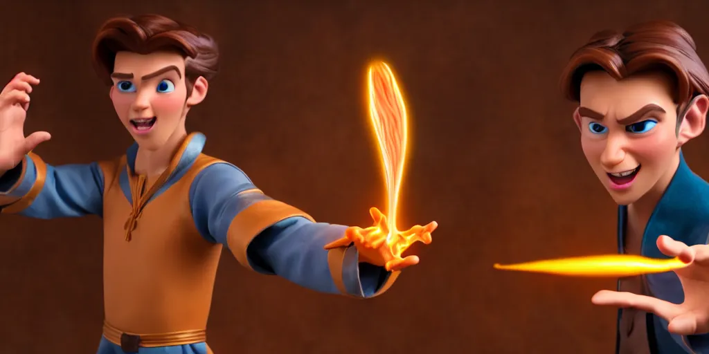 Prompt: a epic scene of a handsome young caucasian male sorcerer with brown hair casting a spell that is emanating from his hands, indoor, alchemist lab, action pose, medium shot, depth of field, sharp focus, waist up, award winning animation, pixar animation style